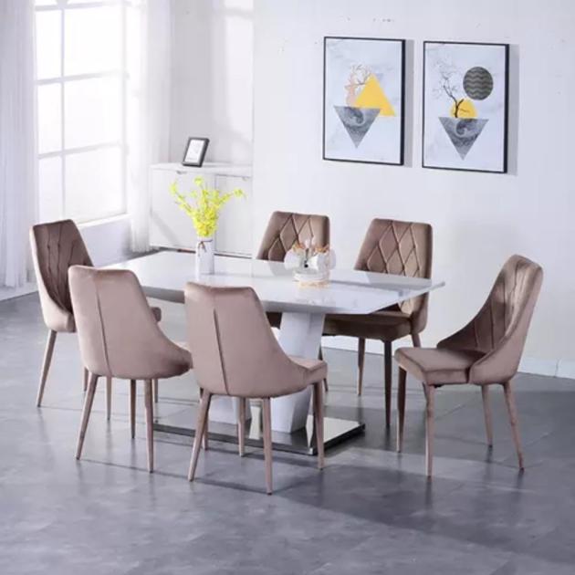 7-Piece Dining Set in Red Beech Wood and MDF with Faux Leather Upholstery | Beige