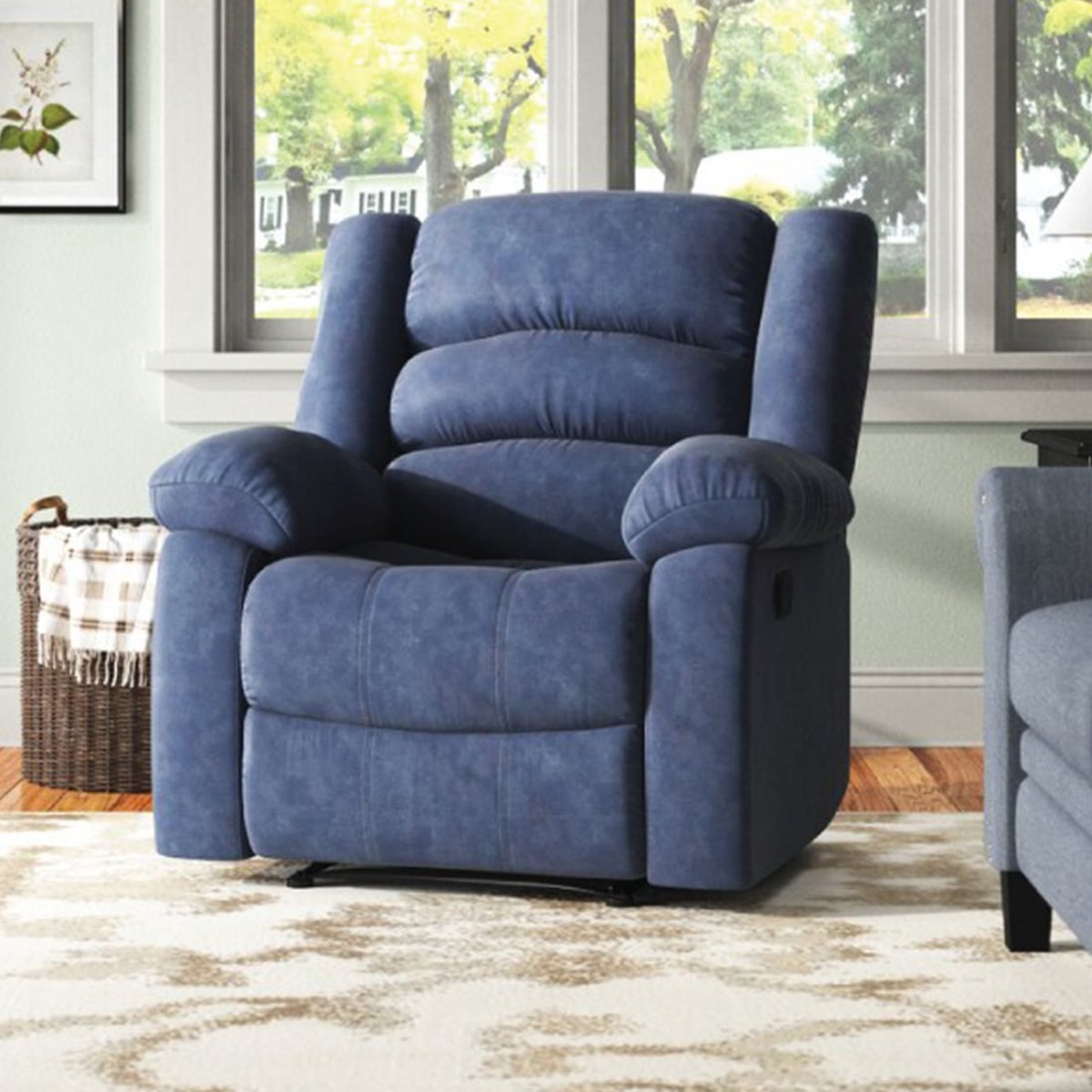 Recliner Chair in Beech Wood, Suede Leather & Velvet | Blue with Adjustable Footrest - Image 5