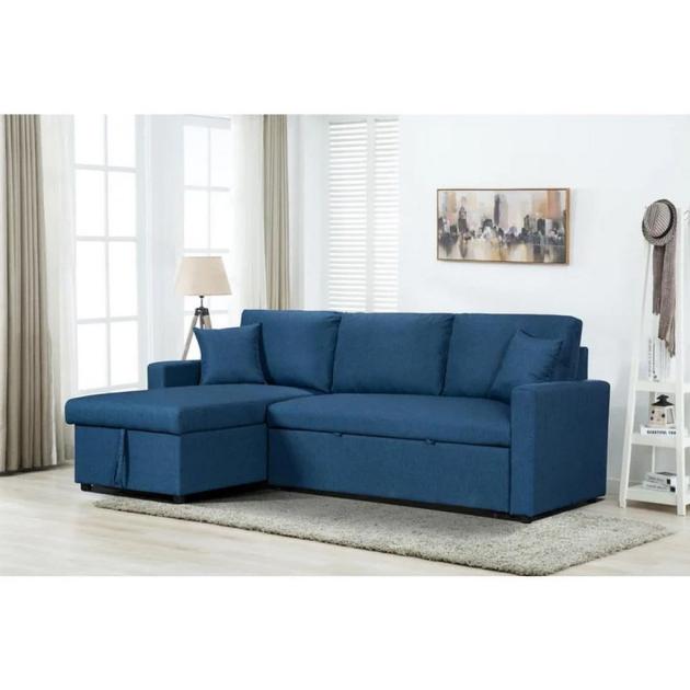 Corner Extendable Sofa Bed in Natural Beech Wood and Linen | Blue