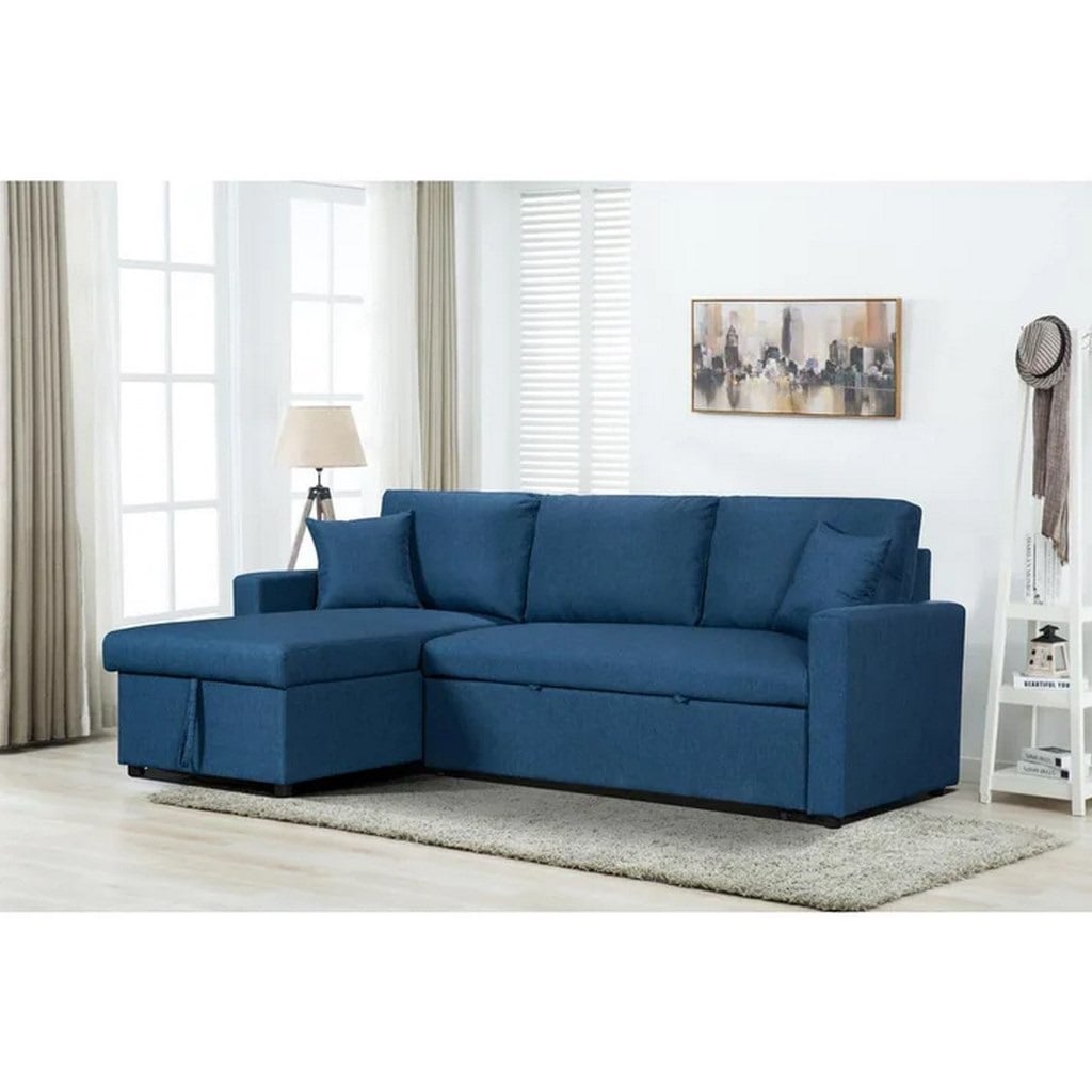 Corner Extendable Sofa Bed in Natural Beech Wood and Linen | Blue