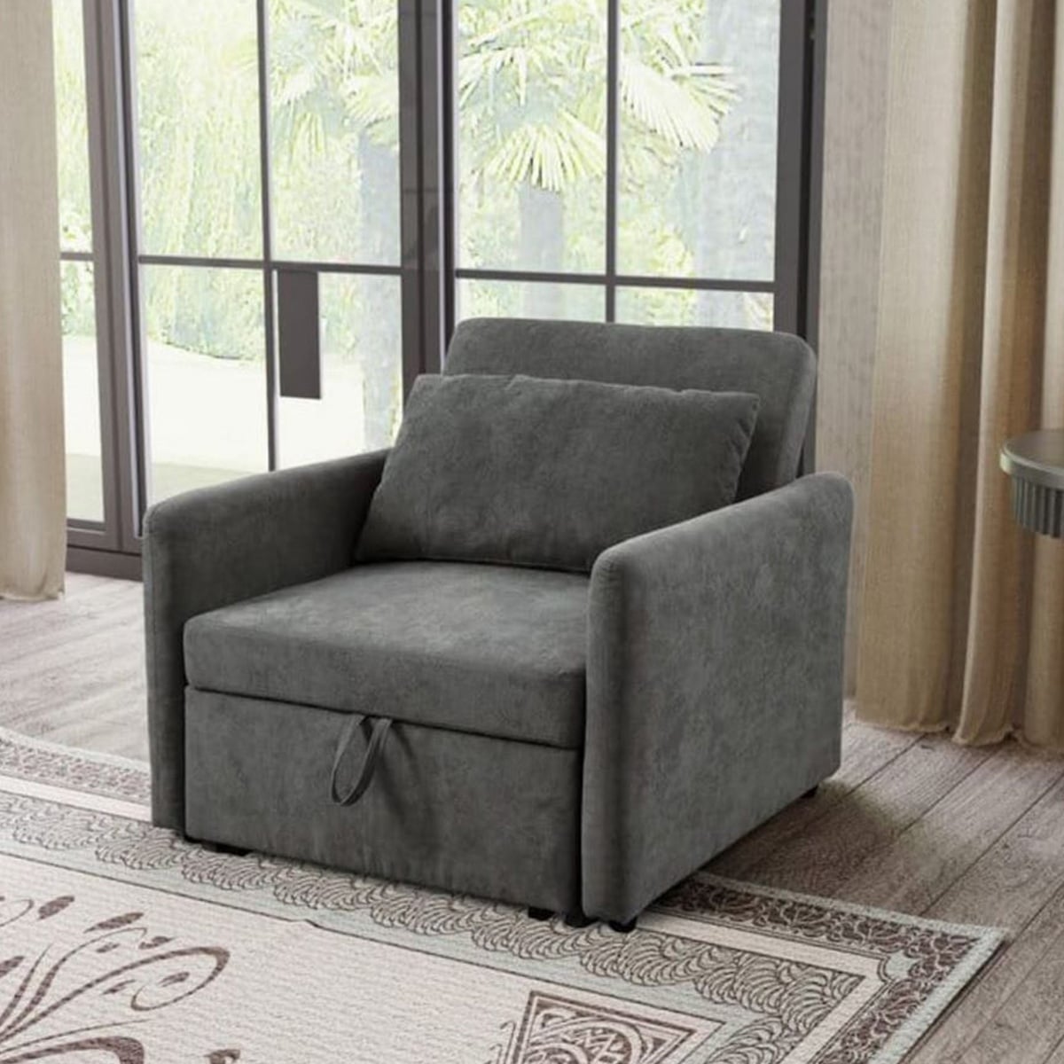 Sofa Bed Chair in Beech Wood and Linen | Dark Gray with High Comfort