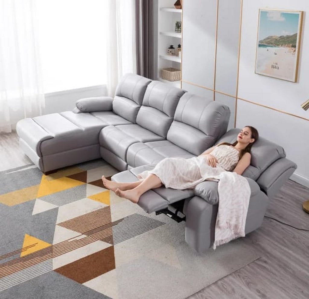 L-Shaped Sofa in Beech Wood and Suede Leather | Light Gray with Practical Design - Image 2