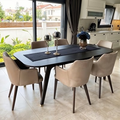 Beech Wood & Velvet Dining Set | 7 Pieces with Black Table and Beige Chairs