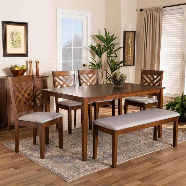 6-Piece Beech Wood and Linen Dining Room Set in Brown