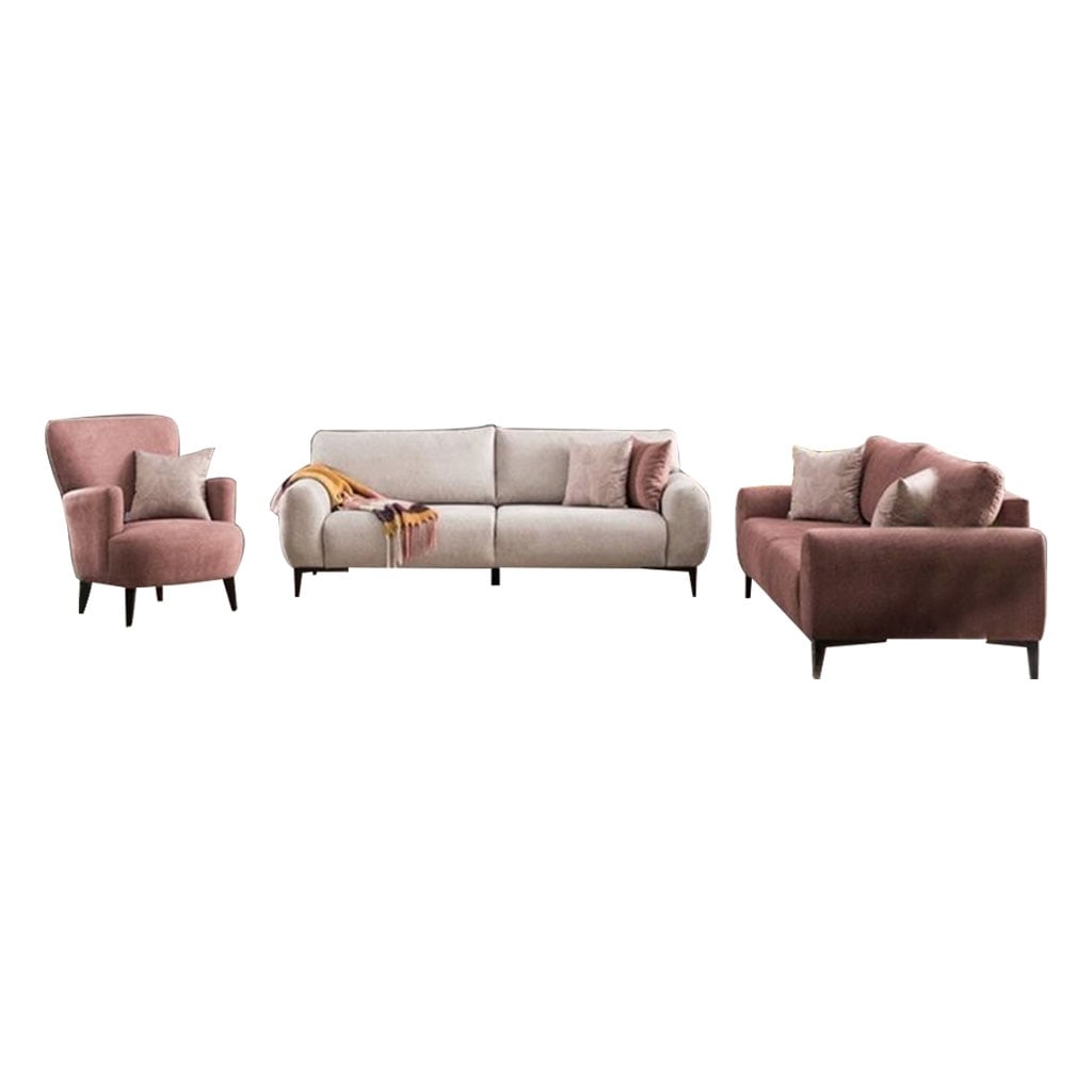 Modern Living Room Set – Red Beech Wood & Velvet (3 Pieces) | Pink & White - Image 5