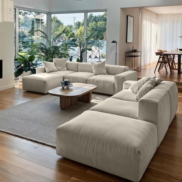 Modern Living Room Set – Red Beech Wood & Linen (4 Pieces)