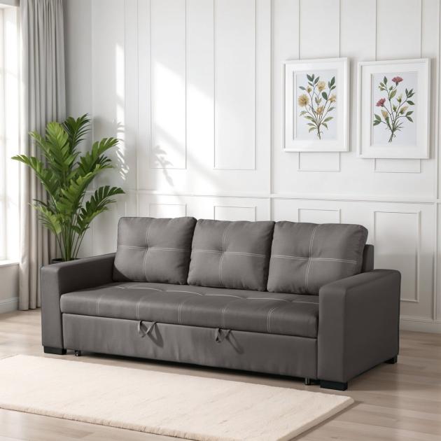 Natural Wood Sofa Bed with Linen Upholstery