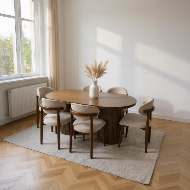 Beech Wood & Linen Dining Room Set – 7 Pieces | Brown & Beige