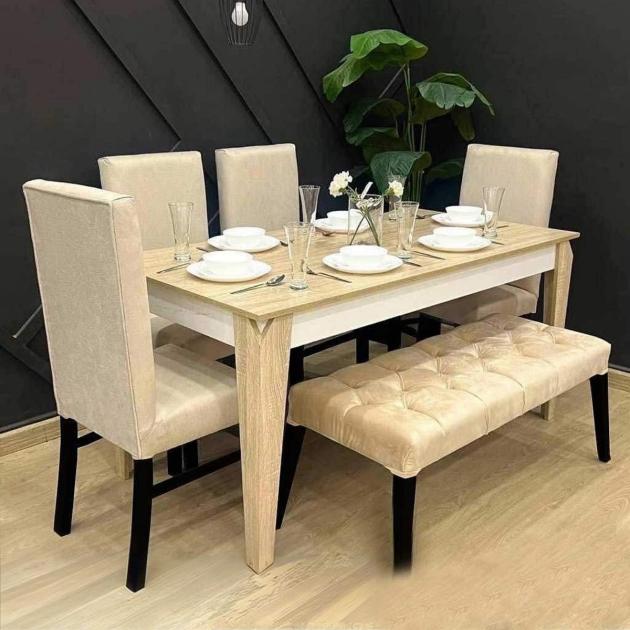 Dining Table Set – Beech Wood & Velvet Fabric (5 Pieces)