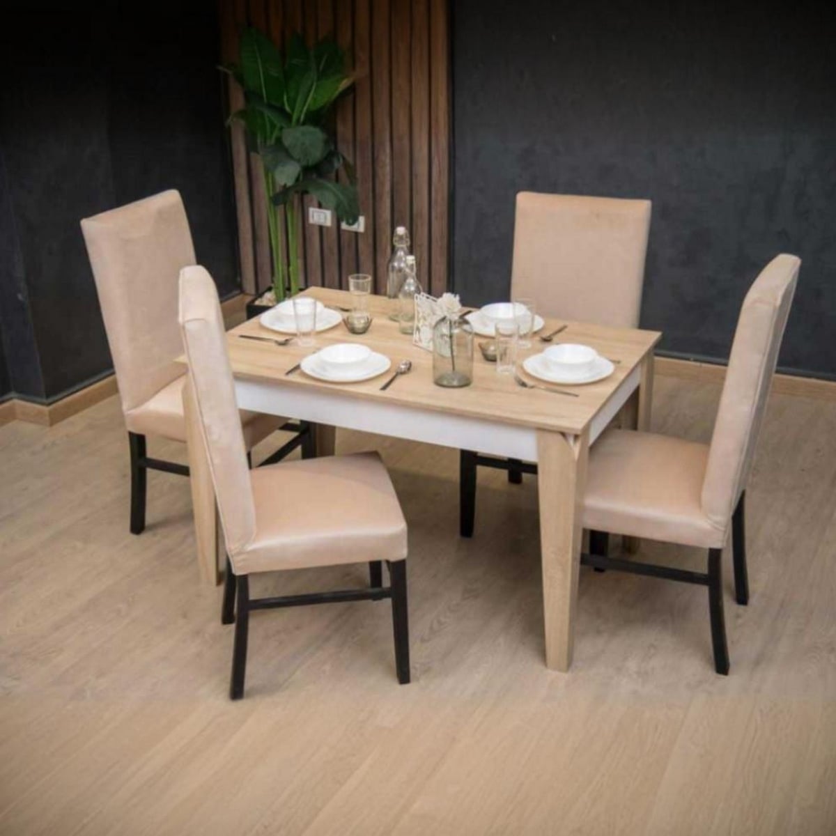 Dining Table Set – Beech Wood, MDF & Velvet (5 Pieces)