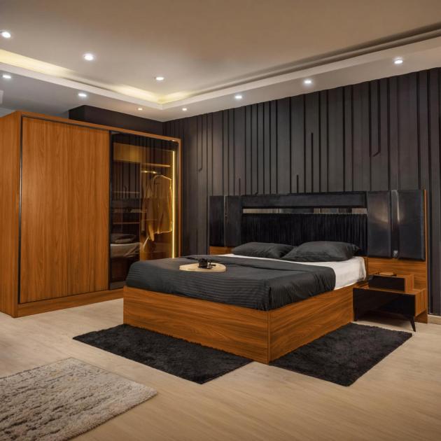 European Union Wood Bedroom Set – 5 Pieces (Brown Wood & Black)