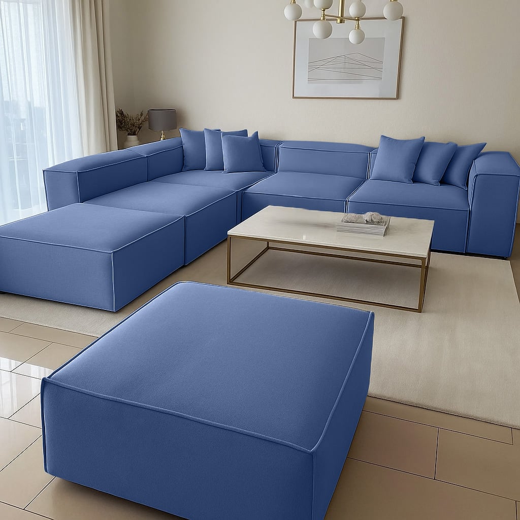 Corner Sofa with 2 Ottomans – Natural Wood & Linen - Image 9