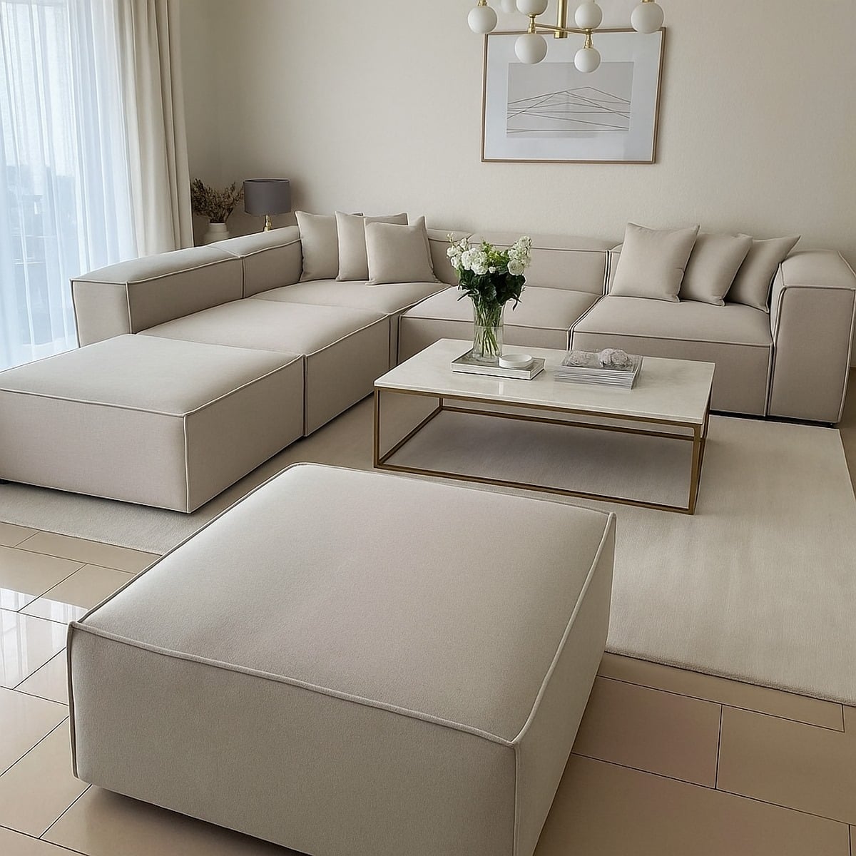 Corner Sofa with 2 Ottomans – Natural Wood & Linen - Image 2