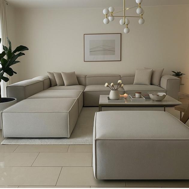 Corner Sofa with 2 Ottomans – Natural Wood & Linen